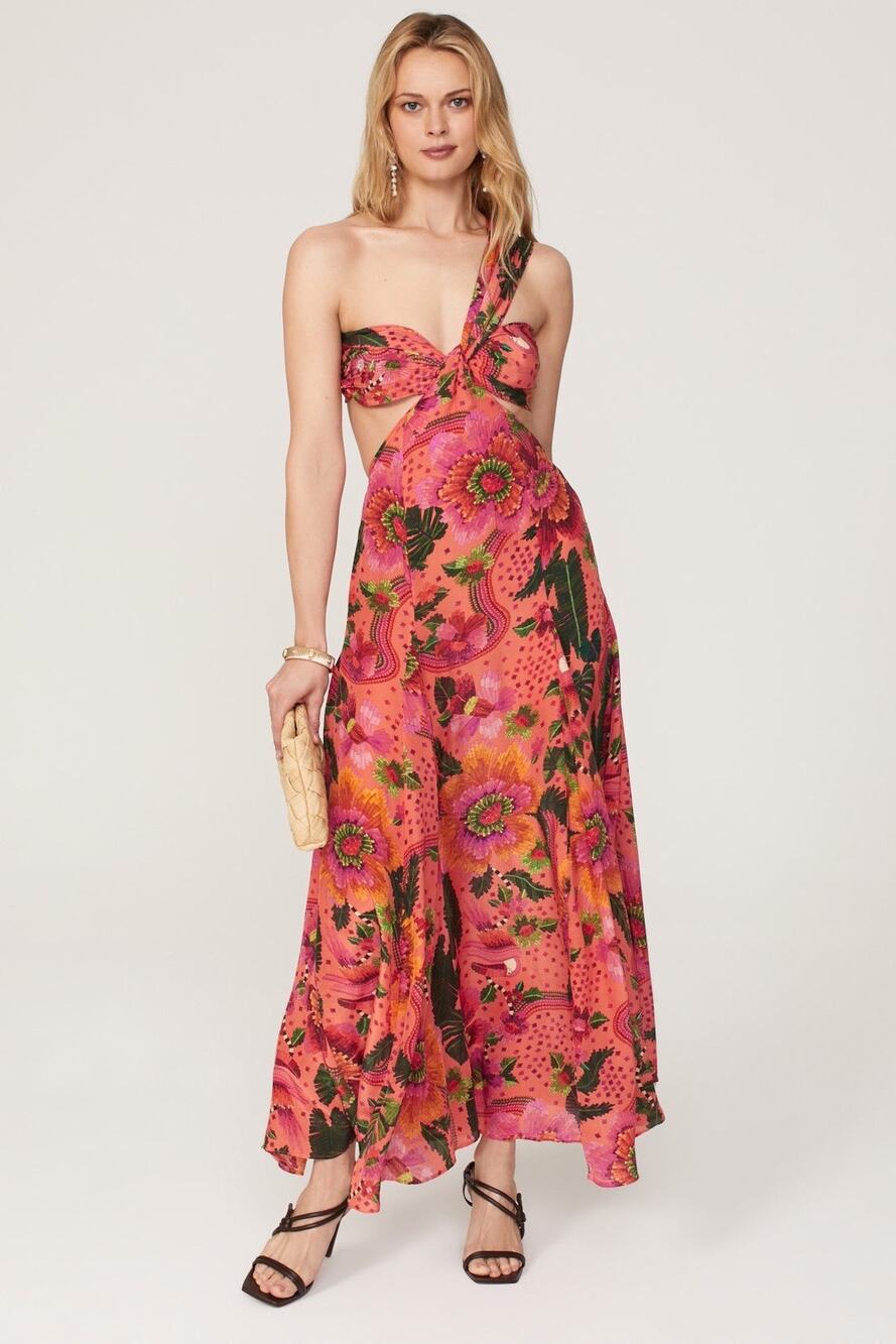 Farm Rio Blooming Garden Floral Print One Shoulder Cut Out Cocktail Maxi Dress M
